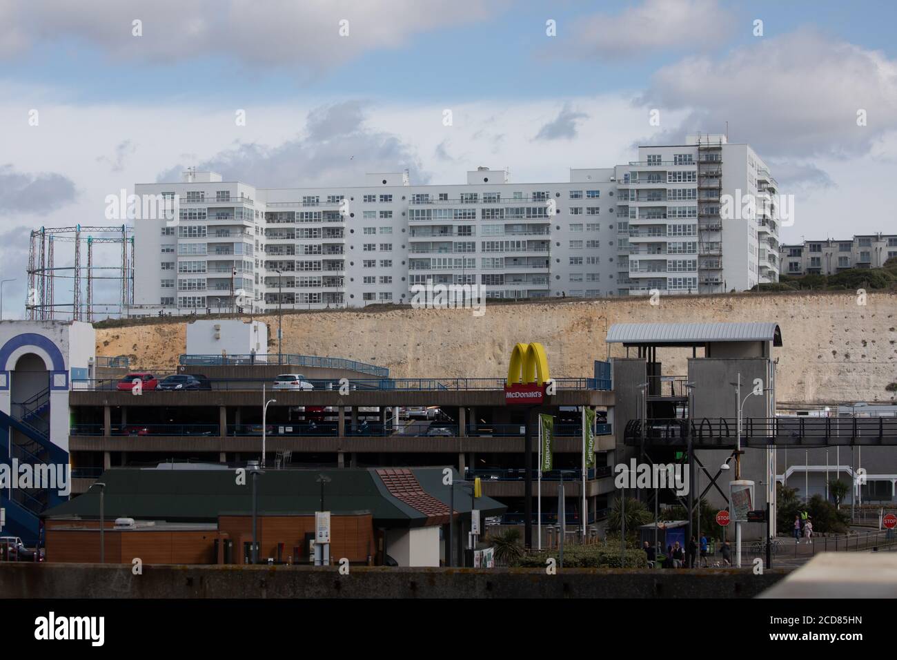View of flats, car park and Mcdonalds in Brighton Marina , East Sussex Stock Photo