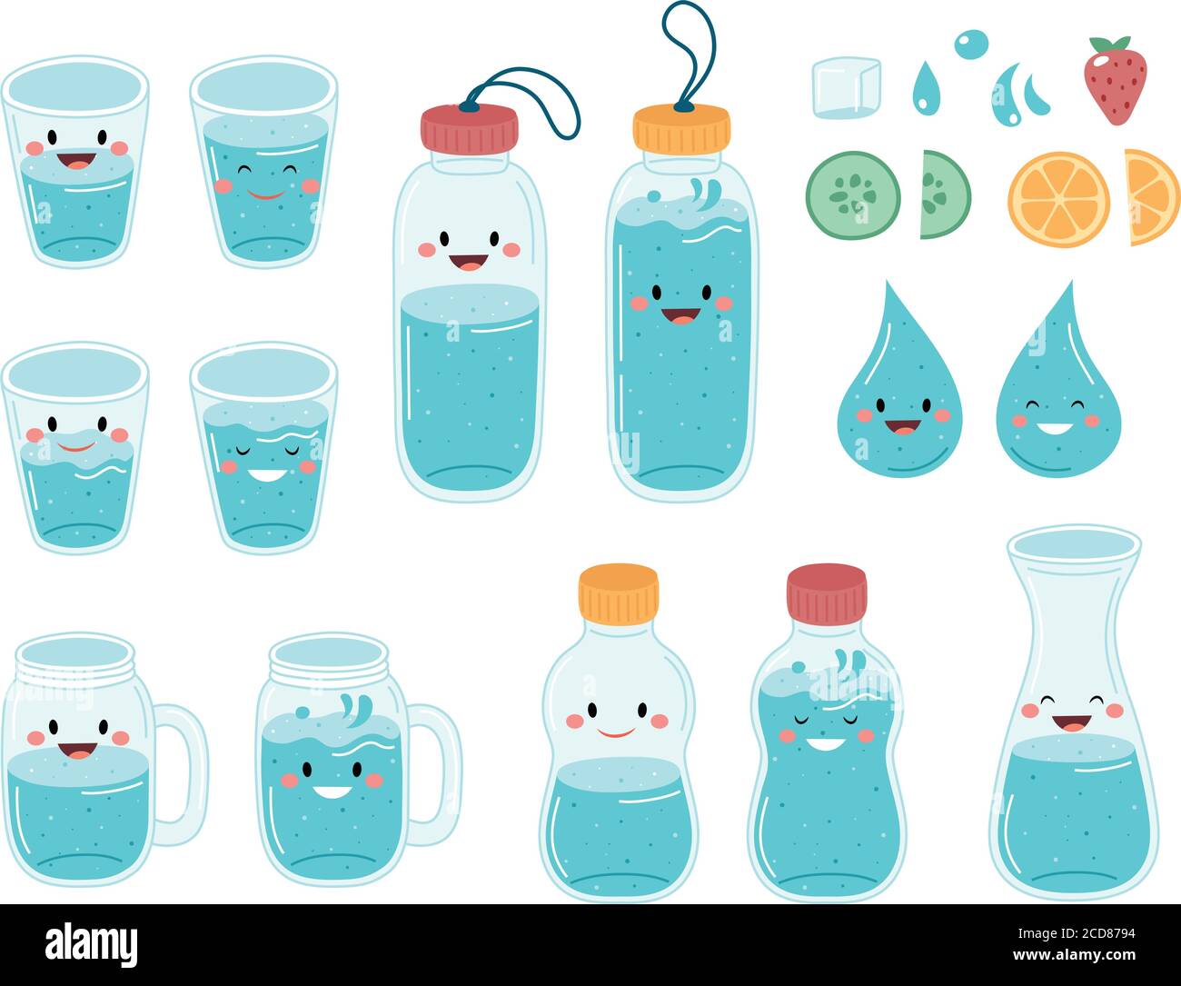 https://c8.alamy.com/comp/2CD8794/drink-more-water-cute-bottles-and-glasses-collection-2CD8794.jpg