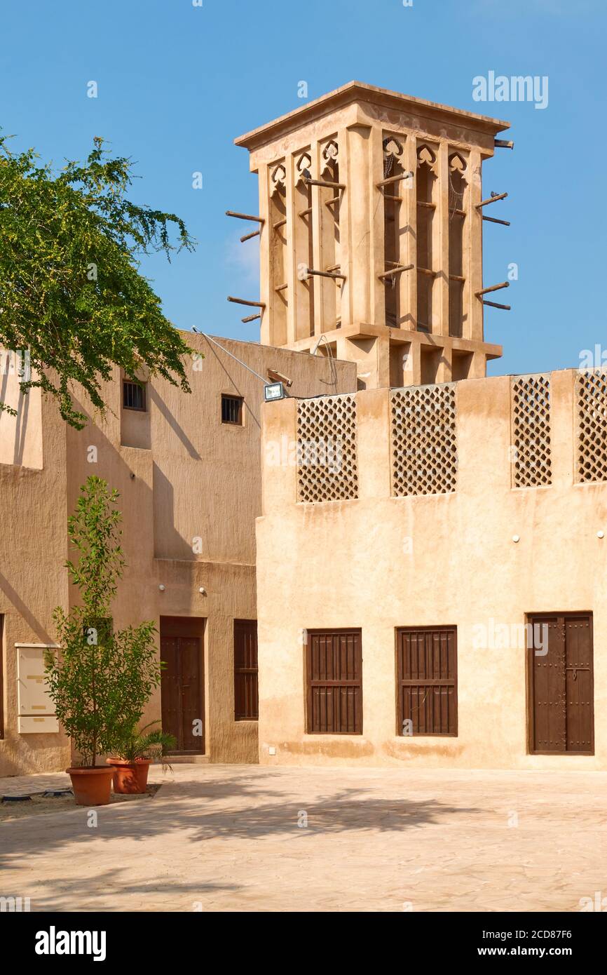 Building with windcatcher in Al Fahidi quarter in Old Dubai, United