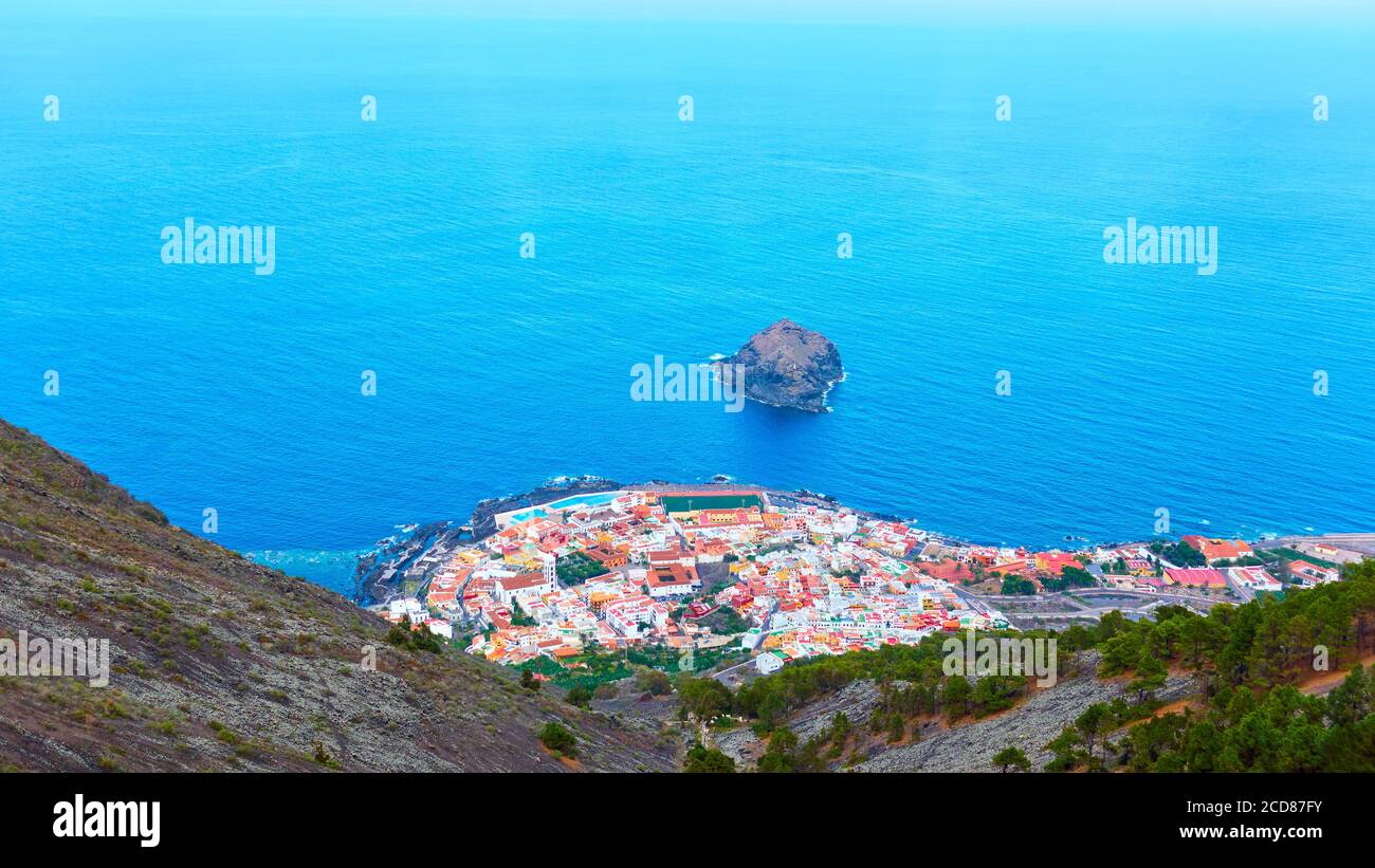 Panoramic view of Garachico town on the coast of Tenerife by the Atlantic Ocean, Canary Islands, Spain. Landscape Stock Photo