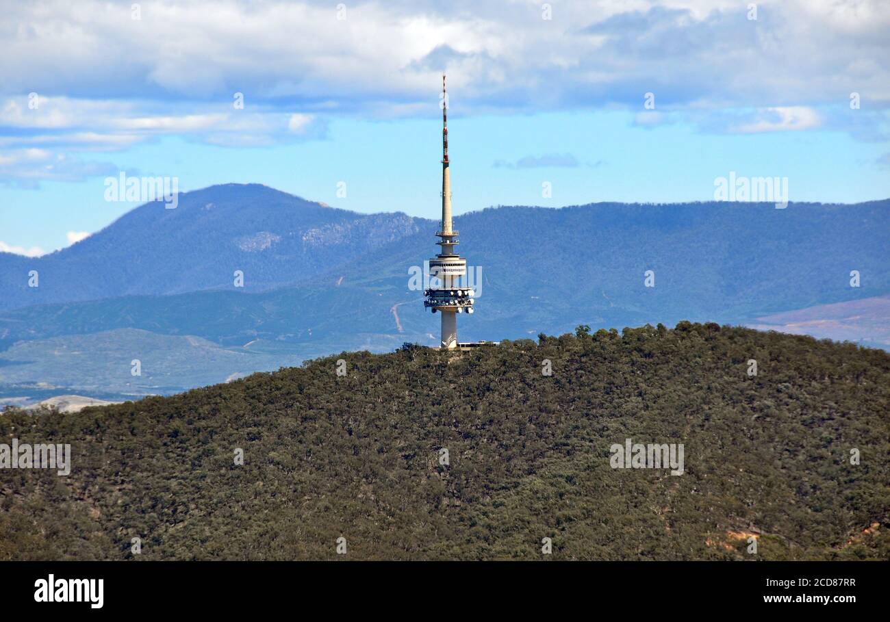 Telstra communications tower on Black Mountain in Canberra viewed from Mount Ainslie Stock Photo