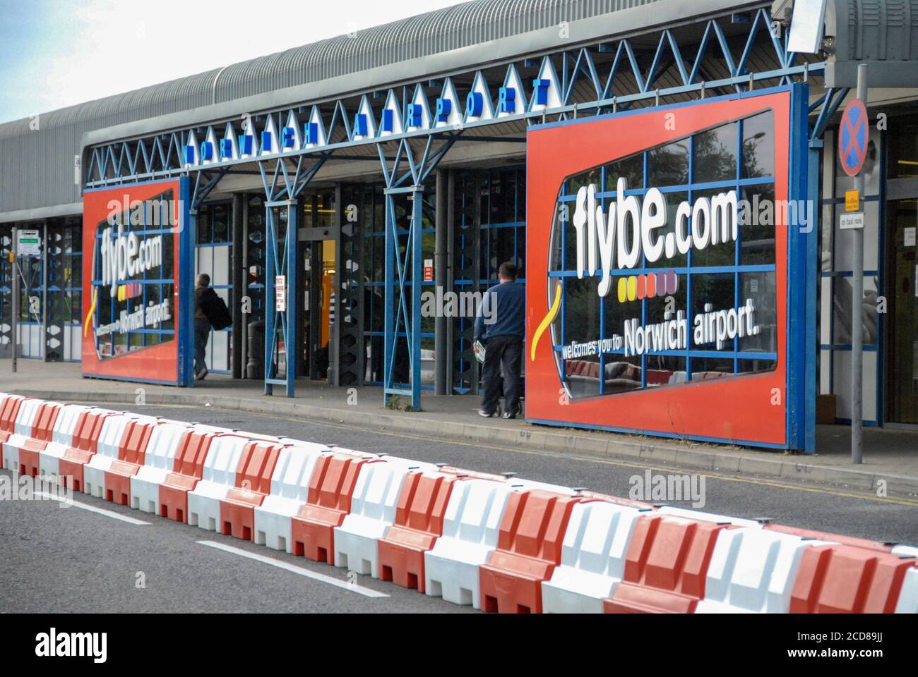 Norwich International airport with a row of ‘No parking’ blocks to prevent passenger drop-off’s at the main entrance near Norwich in Norfolk, Britain. Stock Photo