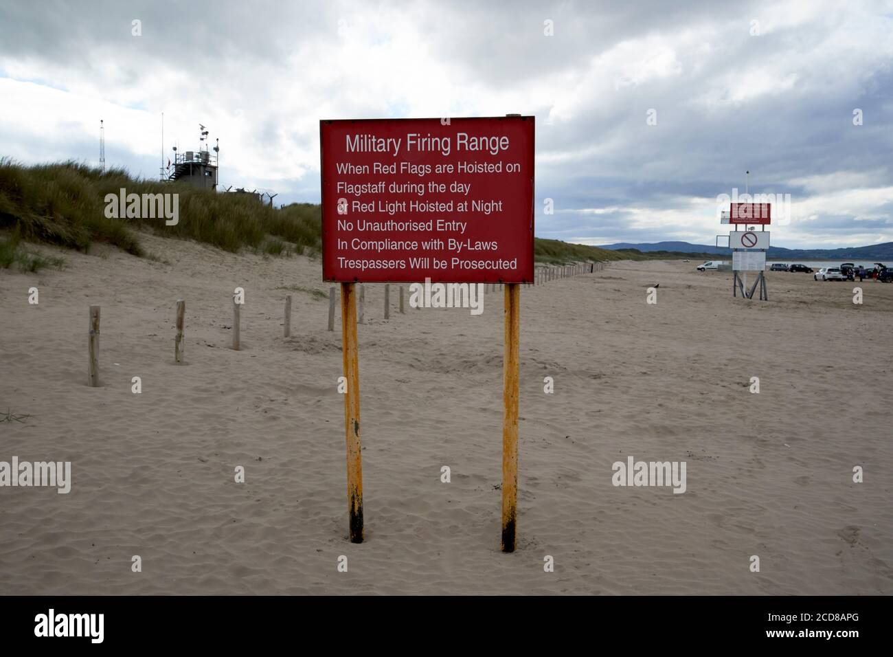 warning signs for military firing range on benone beach county londonderry northern ireland Stock Photo