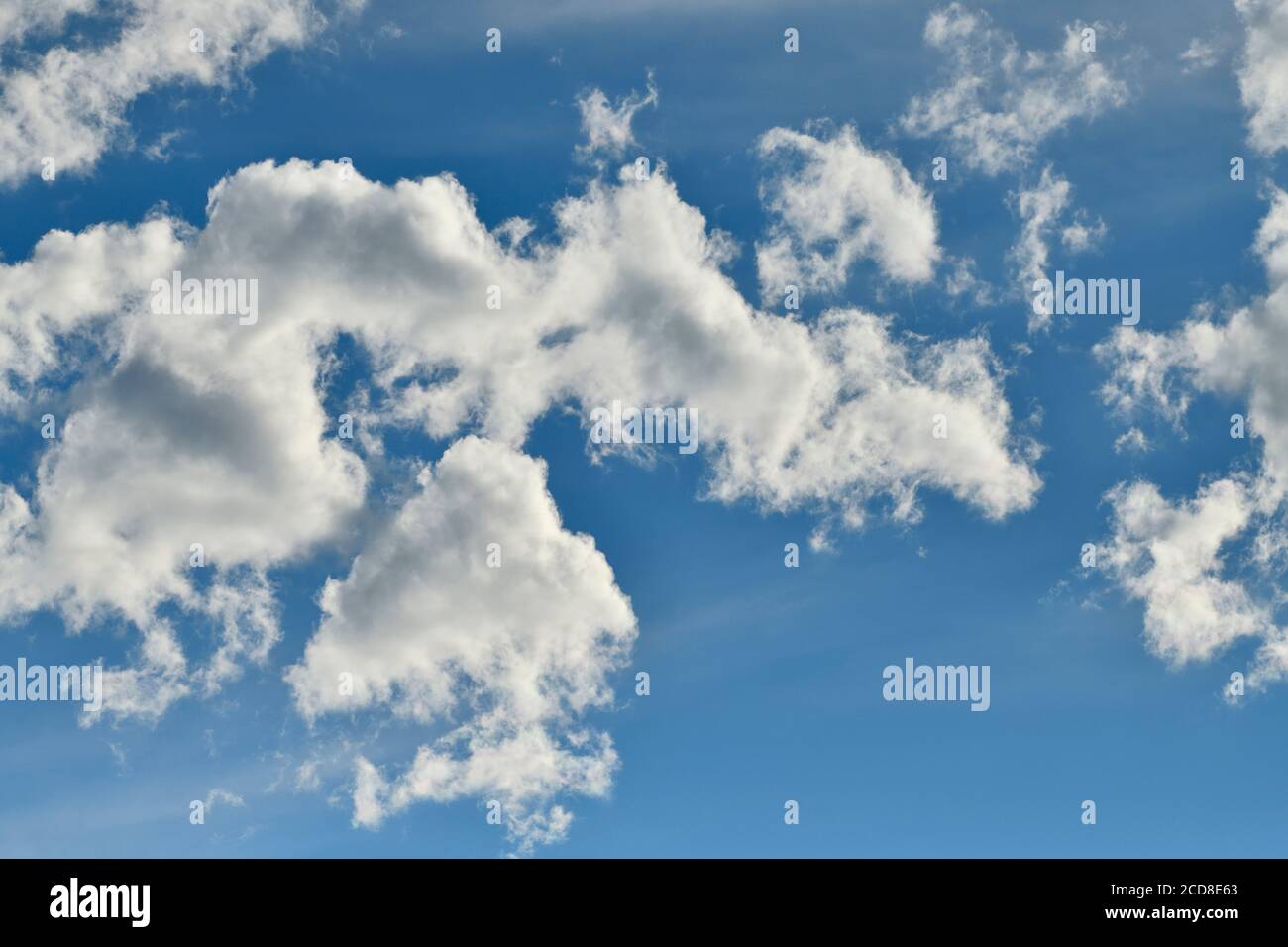 A horizontal image of a blue sky with white clouds in rural Alberta Canada Stock Photo