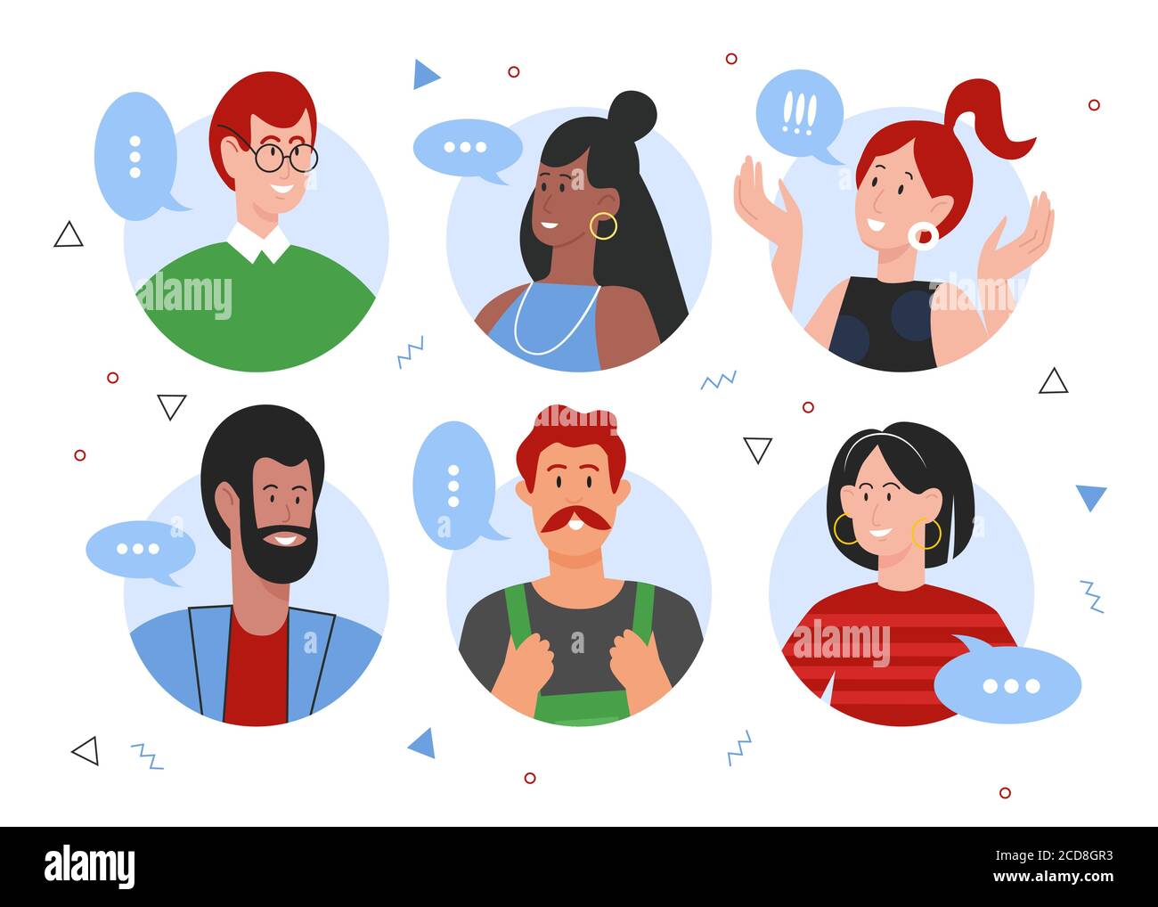 People speaking flat vector illustration set. Cartoon circle portrait of diverse happy characters speak and communicate in online conversation, man woman speaker avatar for messenger isolated on white Stock Vector