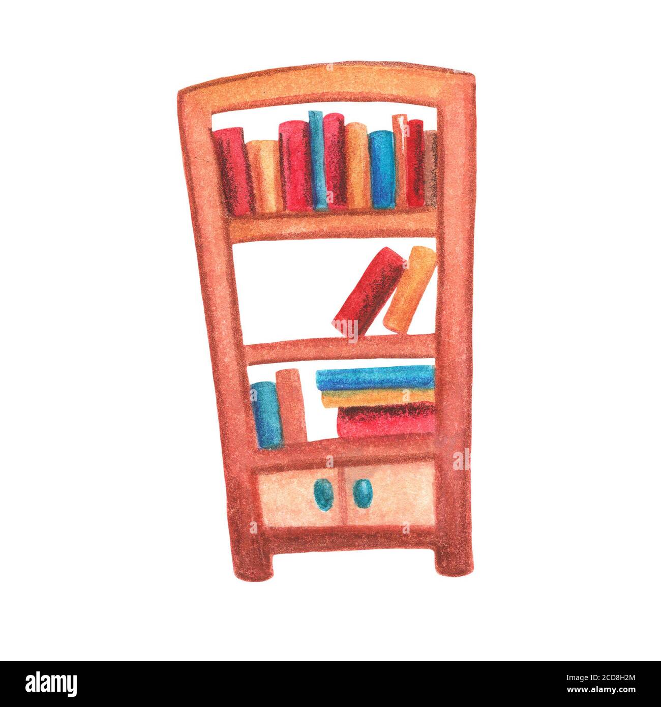 Book cabinet watercolor illustration on white background. Vintage bookshelf with book row and pile. Cozy home interior detail isolated. Children educa Stock Photo