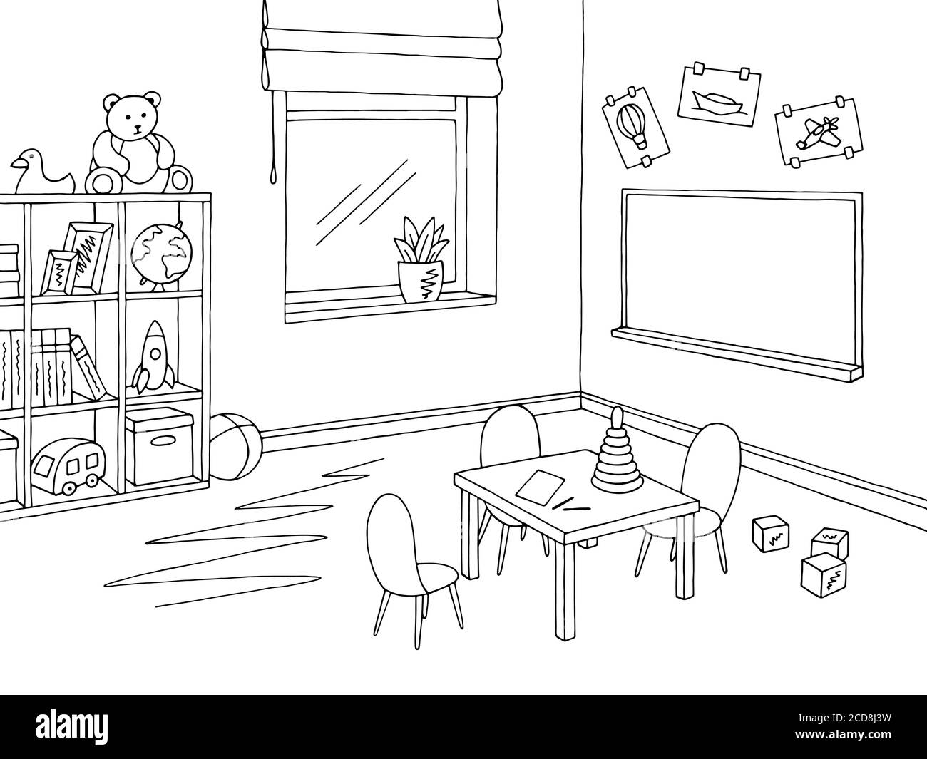 Preschool classroom graphic black white interior sketch illustration vector Stock Vector