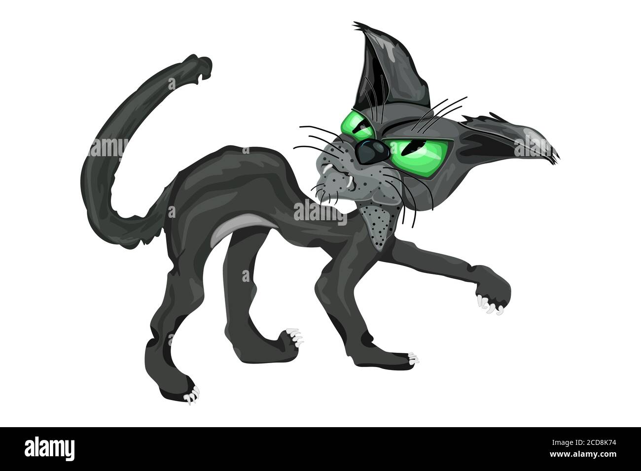 Black cat isolated on white background. Angry black cat with big green eyes. Scary Halloween black cat. Spooky animal. Stock vector illustration Stock Vector