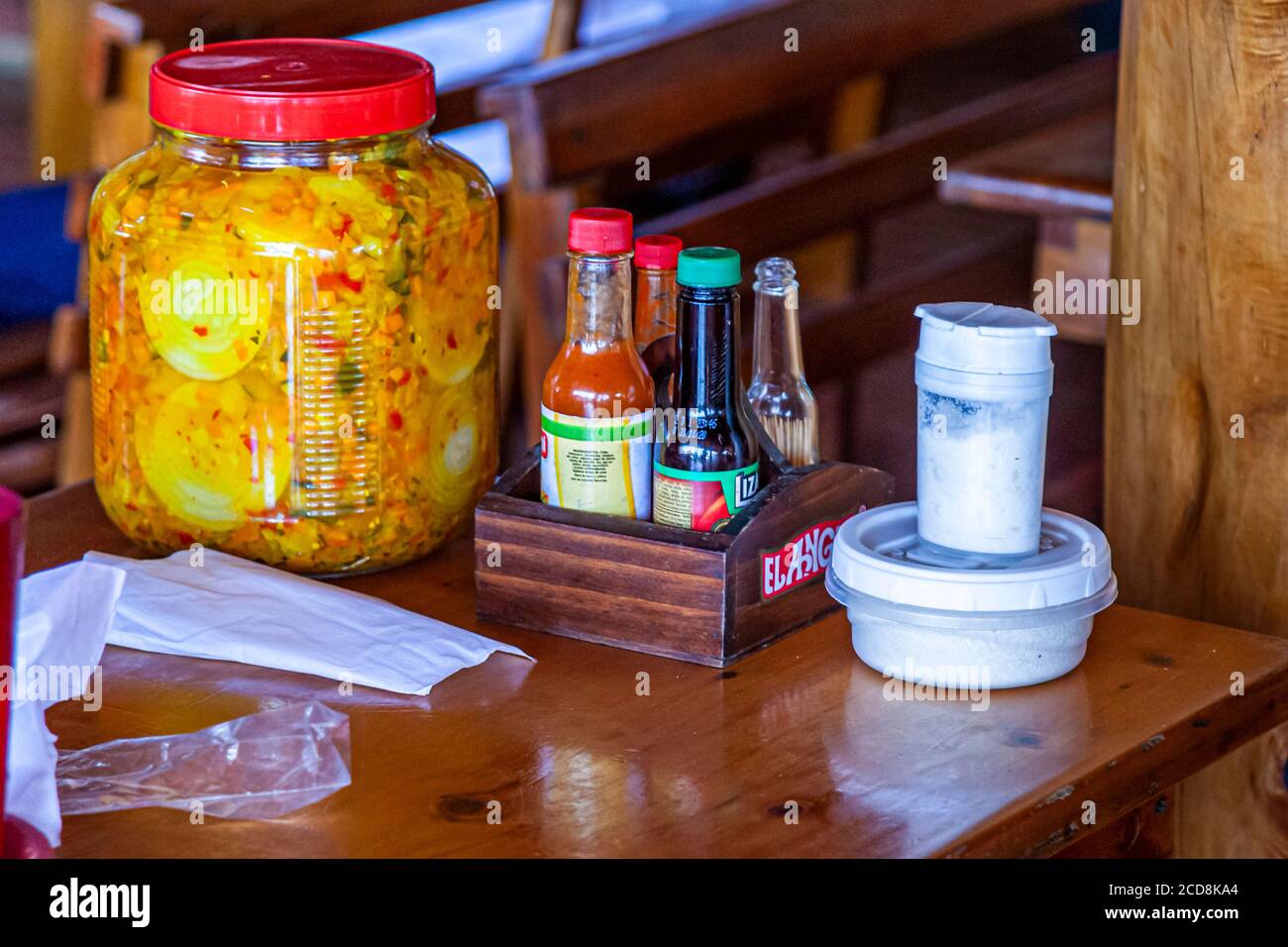 Condiments on Table at Self-service restaurant in Costa Rica Stock Photo