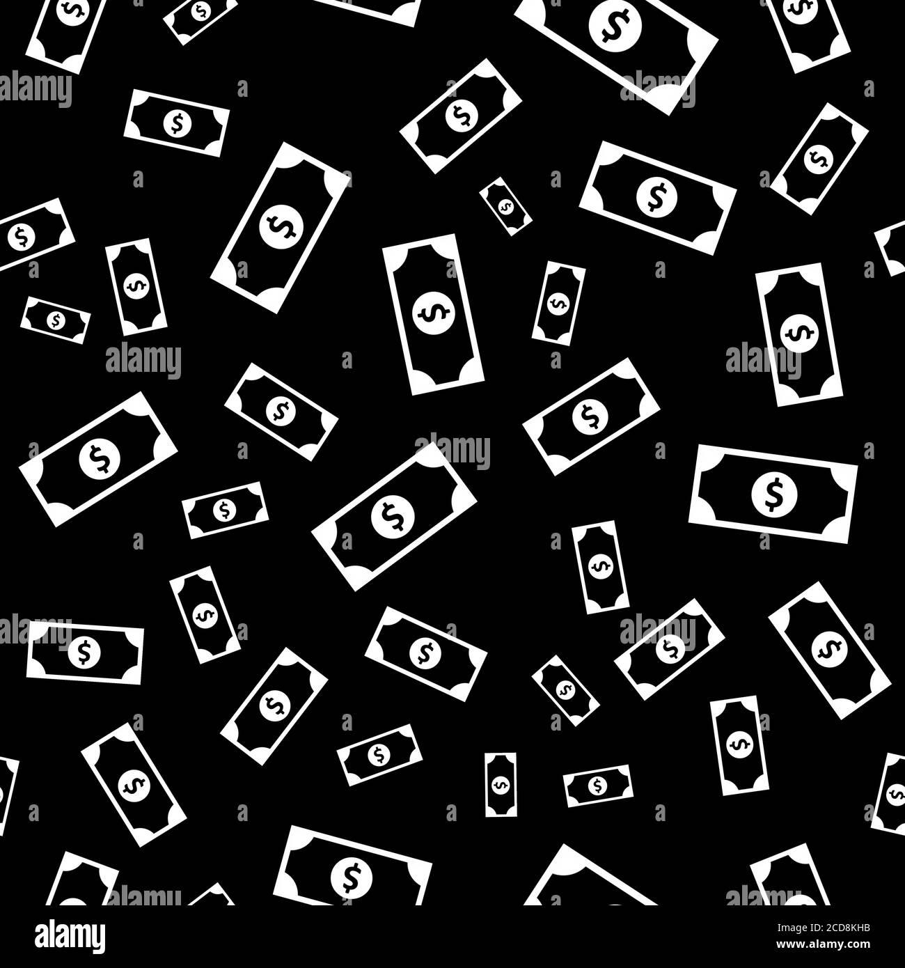 Dollar currency white banknote icon in flat style. Dollar cash discount illustration on black background. Banknote bill seamless pattern business conc Stock Photo