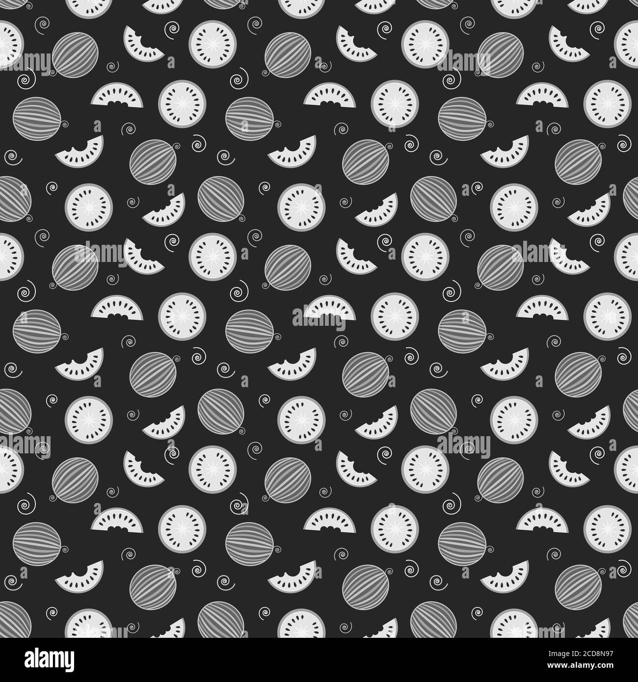 whole watermelons and slices on black background, black-and-white ...