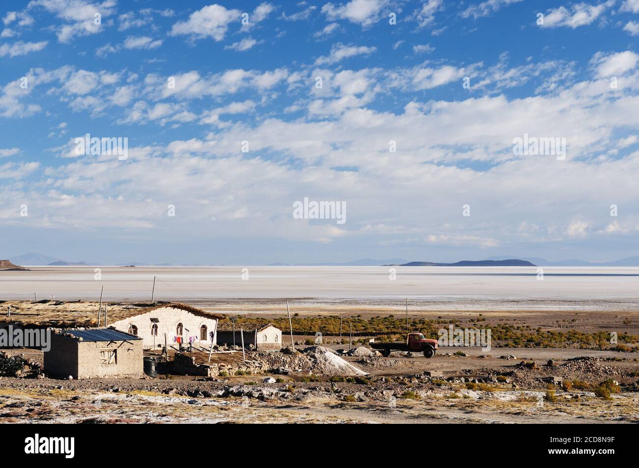 Bolivia -  the world's largest salt flat sits at a lofty 3653m and blankets an amazing 12,106  sq km, the surreal landscape. The picture present build Stock Photo