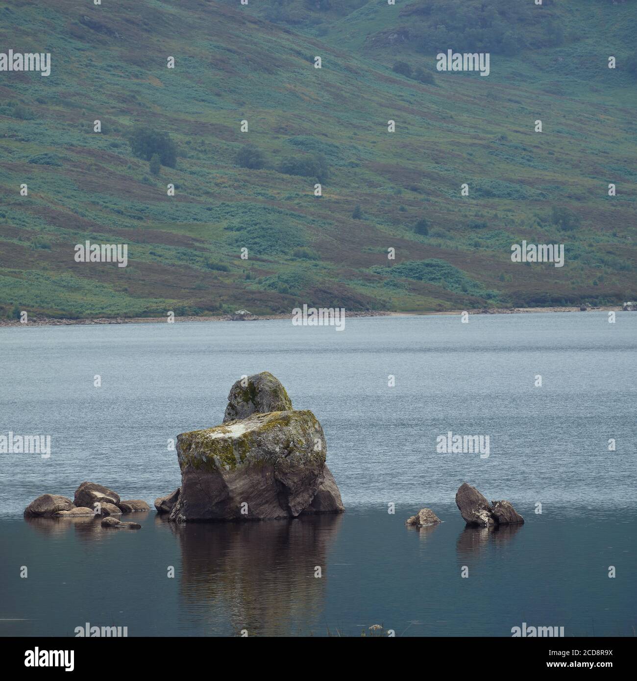 Scottish landscape with a large rock in a mountain lake in the foreground. Loch Arklet, Scotland Stock Photo