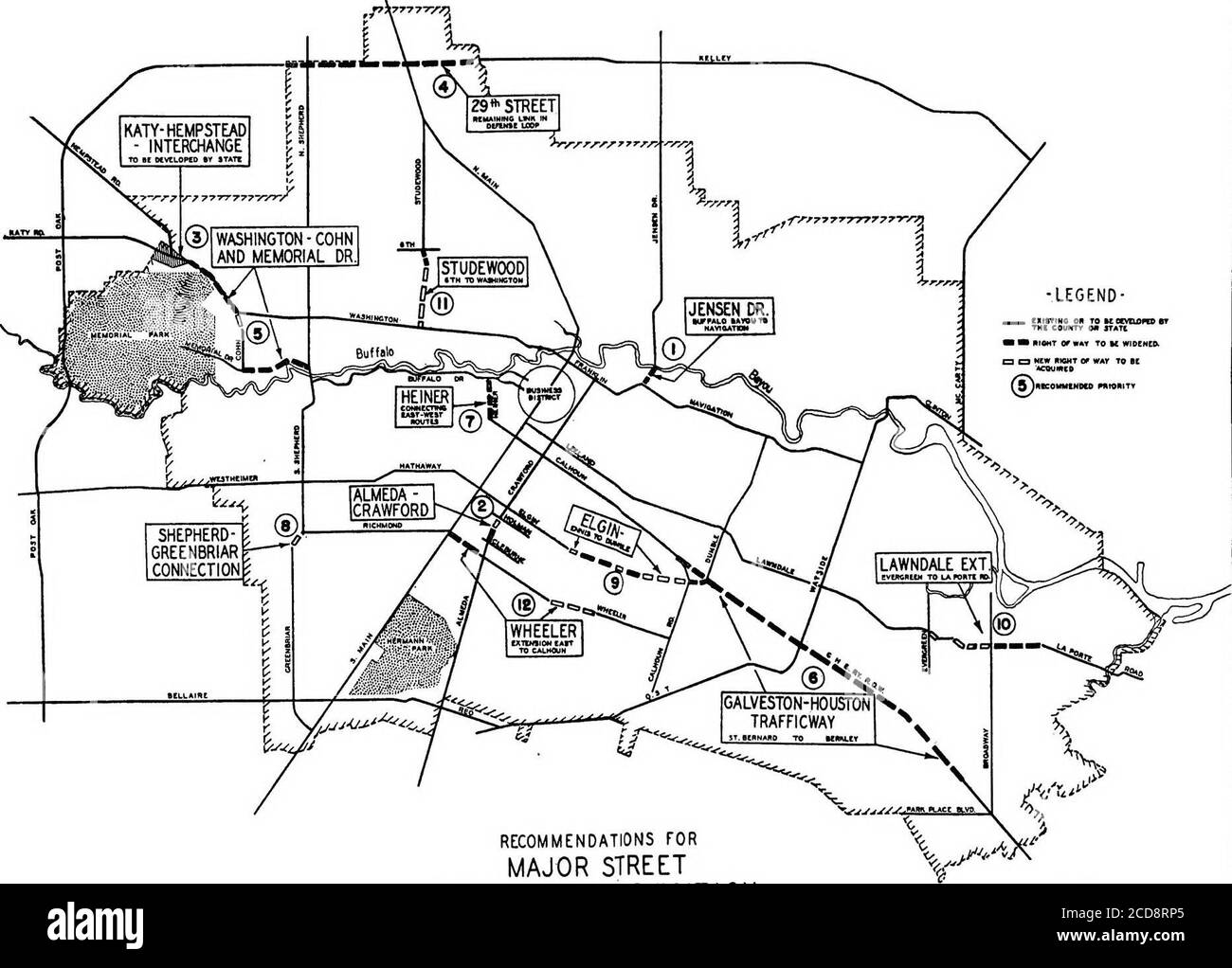 . The major street plan for Houston and vicinity, 1942 . NECTION—This project would extendfrom Wayside Drive at about Avenue U, over Buffalo Bayou east ofthe present bridge, and over Clinton Drive at the present underpass.Thence it would continue northeast through the open area at the eastof the Port Terminal Railroad yards and join McCarty north of theMarket Street Road. This connection would eliminate the present verydevious route along CUnton Drive and through the congested area ofMcCarty Road between Clinton and Market Street Road. KIAM-SIXTH-WHITE OAK-QUITMAN-LIBERTY—This project,consisti Stock Photo