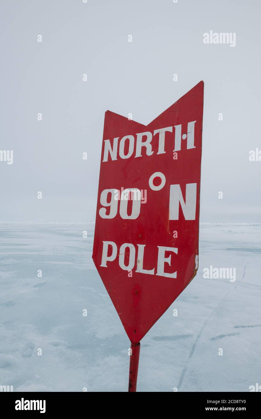 Russia, High Arctic, Geographic North Pole, 90 degrees north. North Pole sign. Stock Photo