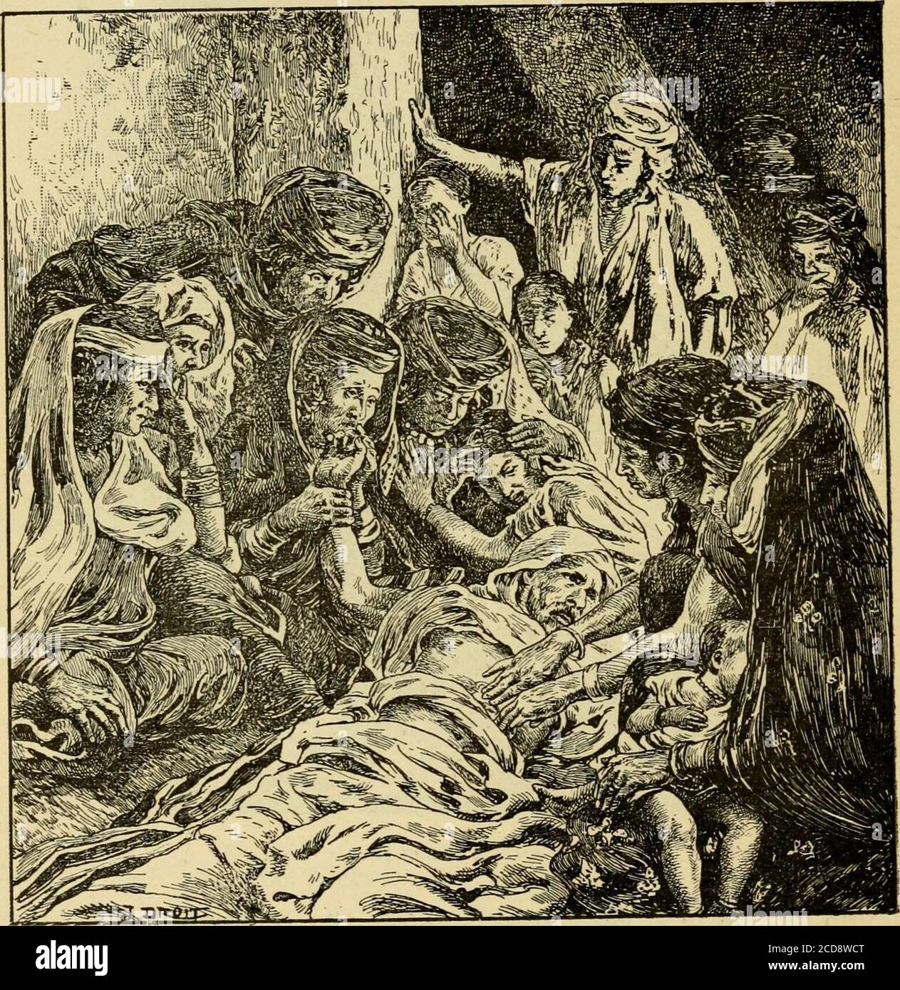 Curiosités médico-artistiques . Arcos. — La Charité. de 1902 un groupe de  Kabyles pressés autour dun mourant. Une sor-cière tente des passes  magnétiques suprêmes sur son creux épigas-trique, mais en vain ;