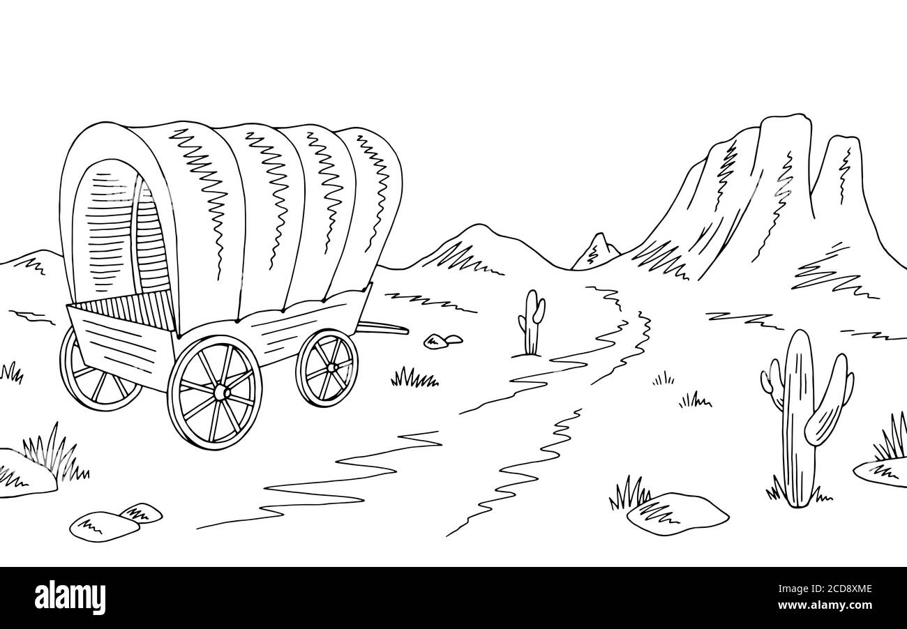 Prairie covered wagon graphic black white American desert sketch landscape illustration vector Stock Vector