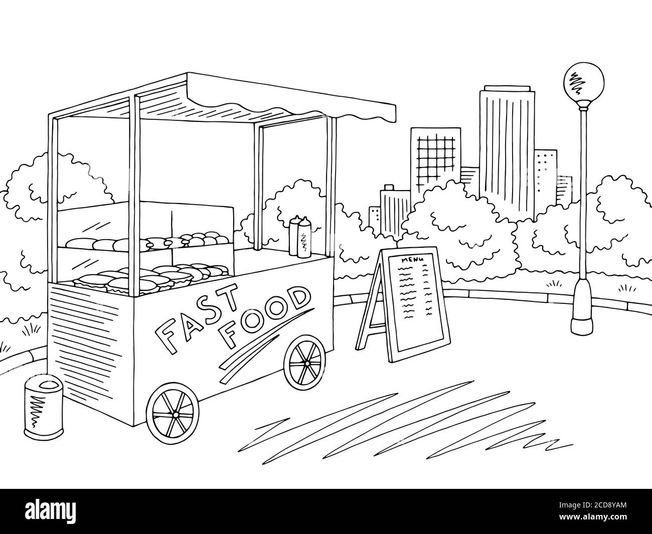 Street food graphic black white city landscape sketch illustration vector Stock Vector