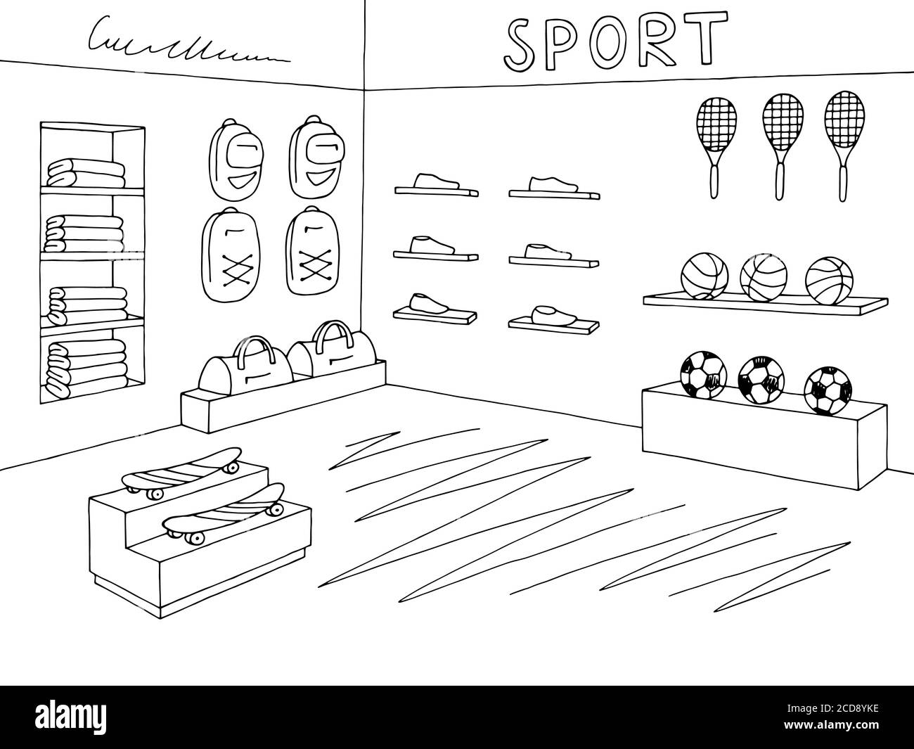 Sport shop store graphic interior black white sketch illustration vector Stock Vector