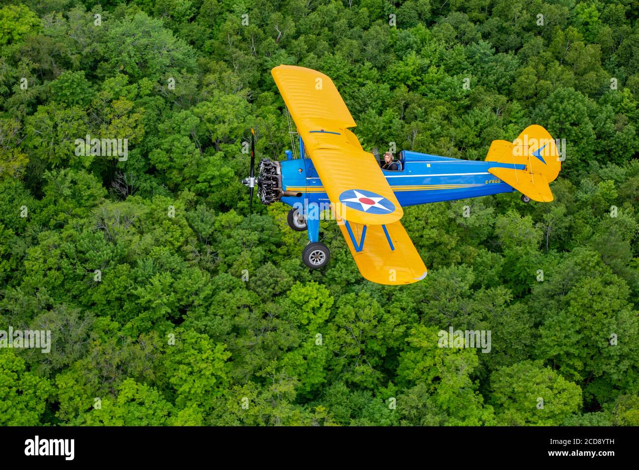 Canada, Province of Quebec, Mauricie Region, Seaplane Adventure, Flight of a Boeing Stearman 1943 over Canopy of the Boreal Forest Stock Photo