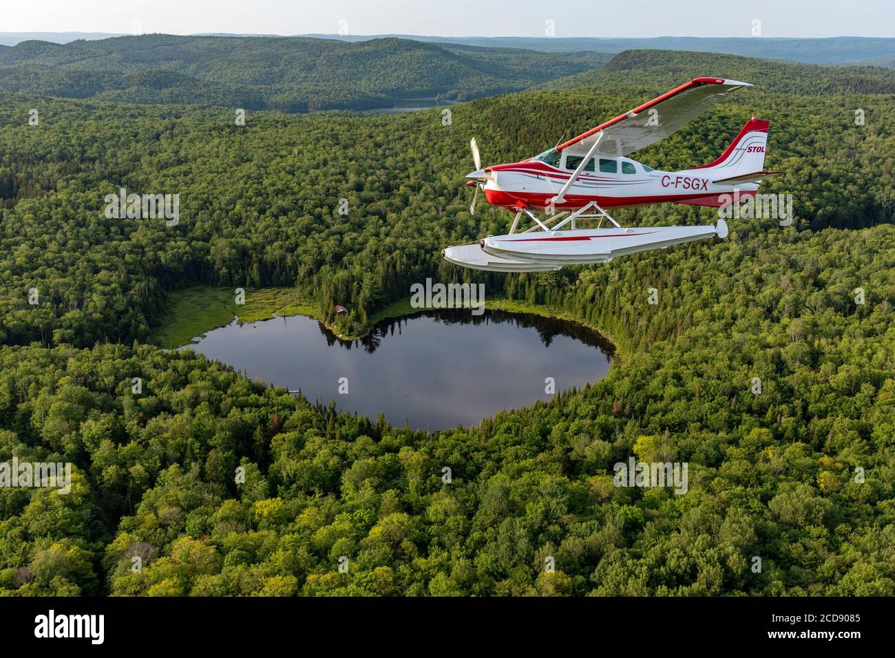 Canada, Province of Quebec, Mauricie region, Hydravion Aventure, Cessna 206  flight over the boreal forest in the vicinity of Lake Sacacomie,  heart-shaped lake Stock Photo - Alamy