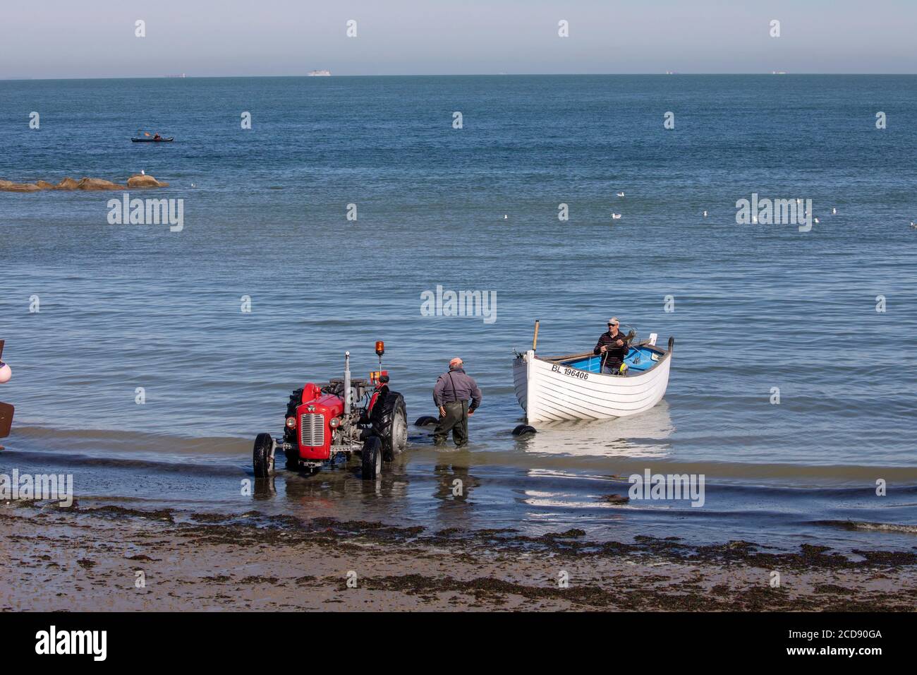France, Pas de Calais, Audinghen, Cap Gris Nez, flobart pulled by a tractor on the beach Stock Photo