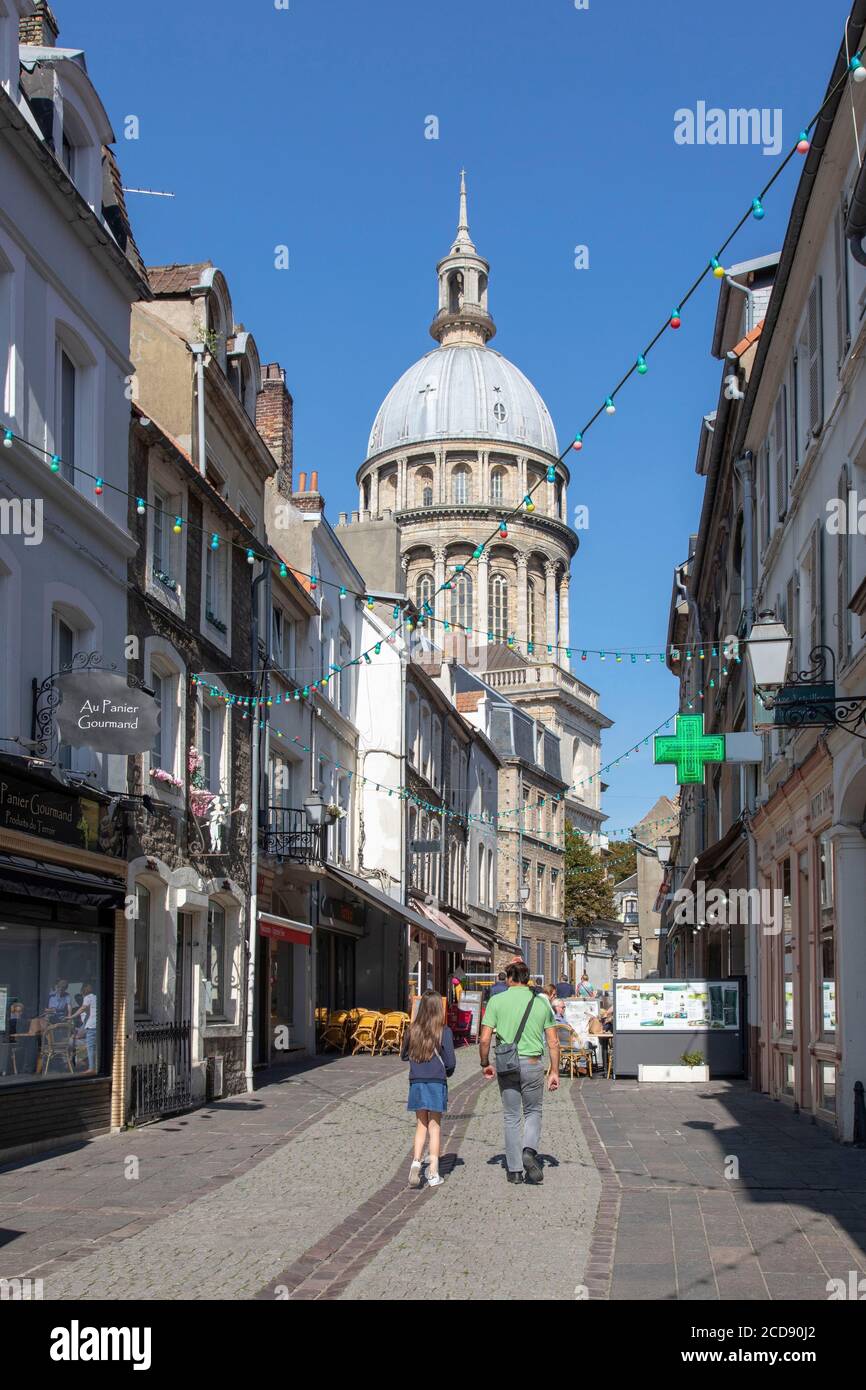 France, Pas de Calais, Boulogne sur Mer, rue de Lille and Notre Dame Basilica Stock Photo