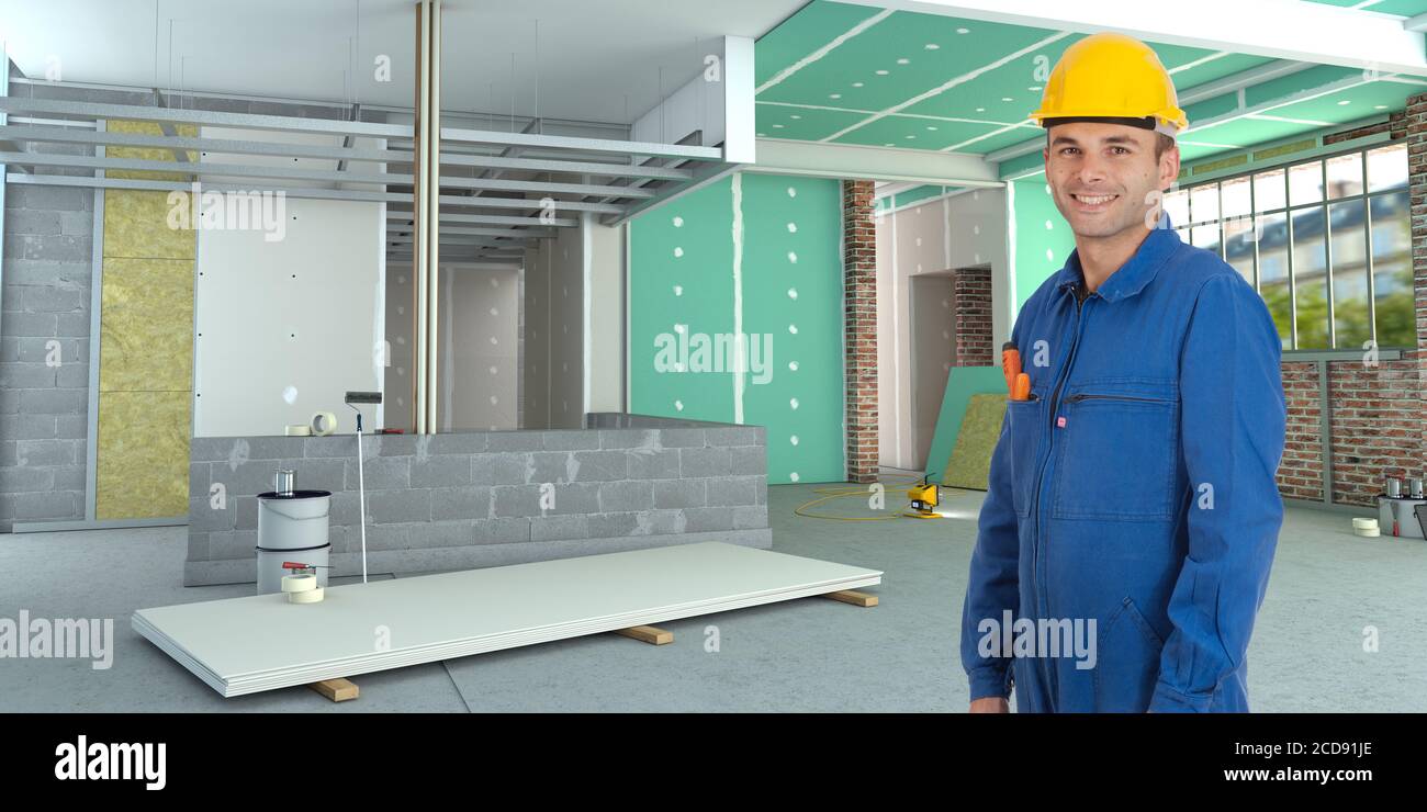 Workman in an interior under construction Stock Photo - Alamy