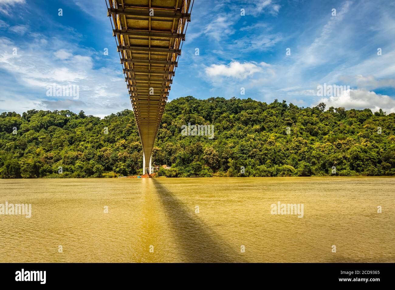 suspension iron cable bridge isolated with bright blue sky from unique different angle image is taken at honnavar karnataka india. it is the fine exam Stock Photo