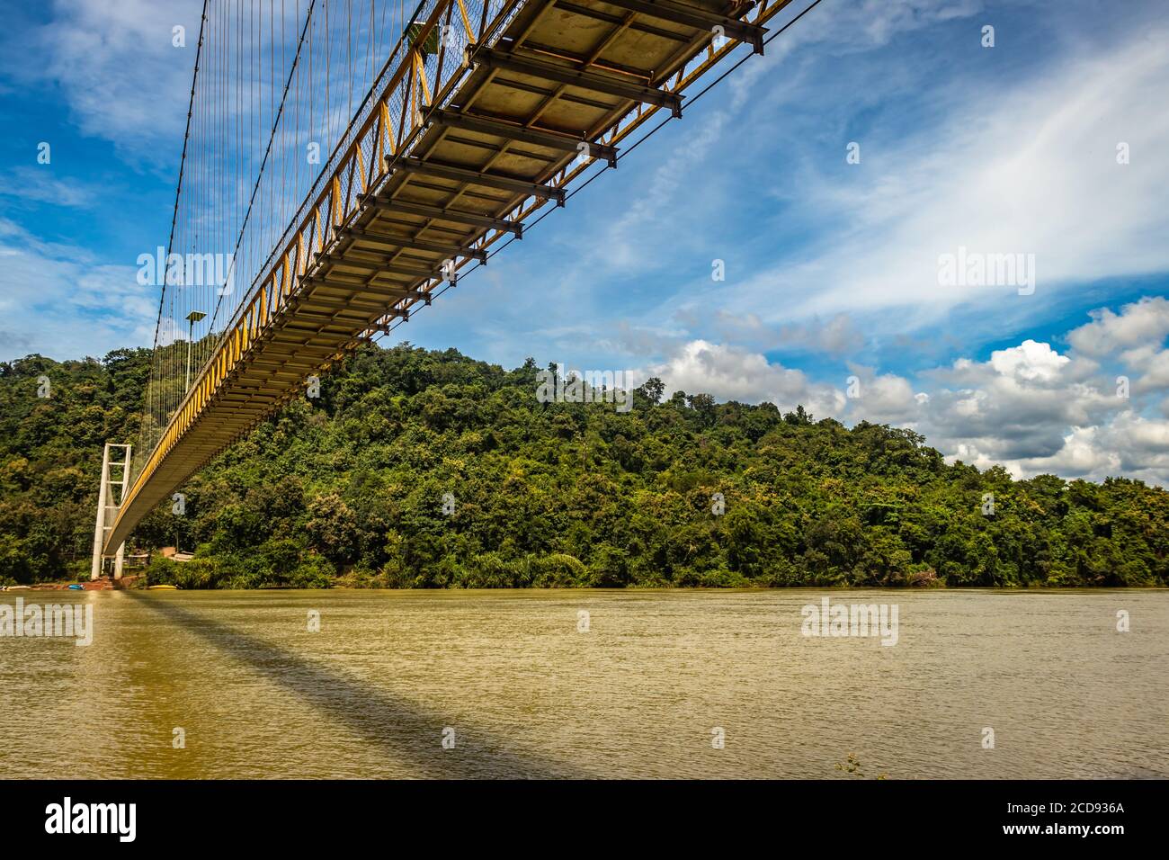 suspension iron cable bridge isolated with bright blue sky from unique different angle image is taken at honnavar karnataka india. it is the fine exam Stock Photo