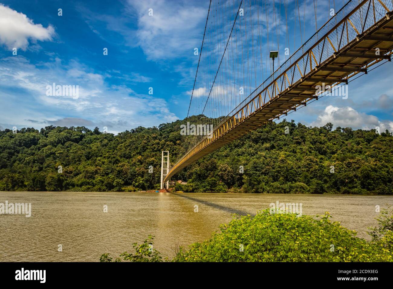 suspension iron cable bridge isolated with bright blue sky from unique different angle image is taken at honnavar karnataka india. it is the fine exam Stock Photo