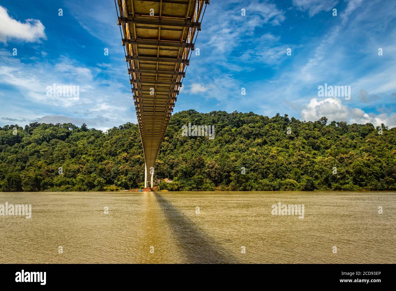 suspension iron cable bridge isolated with bright blue sky from unique different angle image is taken at honnavar karnataka india. it is the fine exam Stock Photo