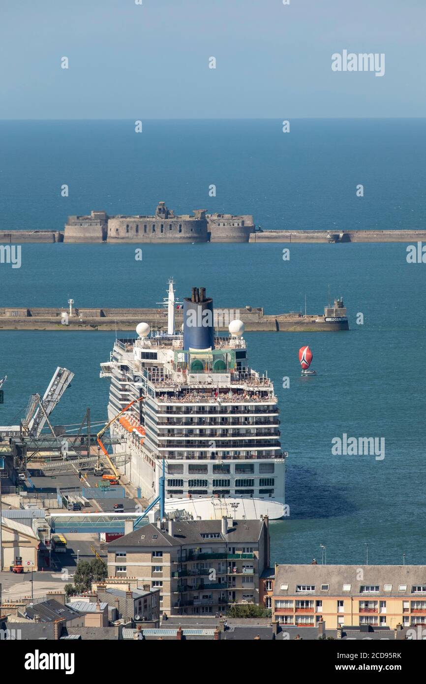France, Manche, Cherbourg, view of the Arcadia liner docked and the central fort in the background Stock Photo
