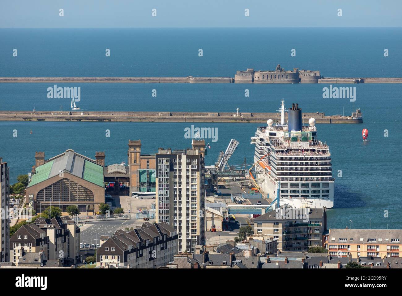 France, Manche, Cherbourg, elevated Cherbourg city view from the Fort du Roule, Cherbourg transatlantic ferry terminal and Arcadia liner docked (Central Fort in the background) Stock Photo