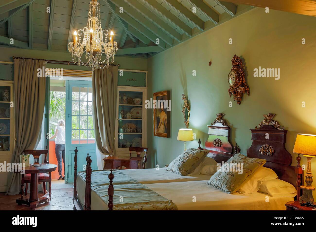 Spain, Canary Islands, La Palma, view of a room of a colonial-style luxury hotel Stock Photo