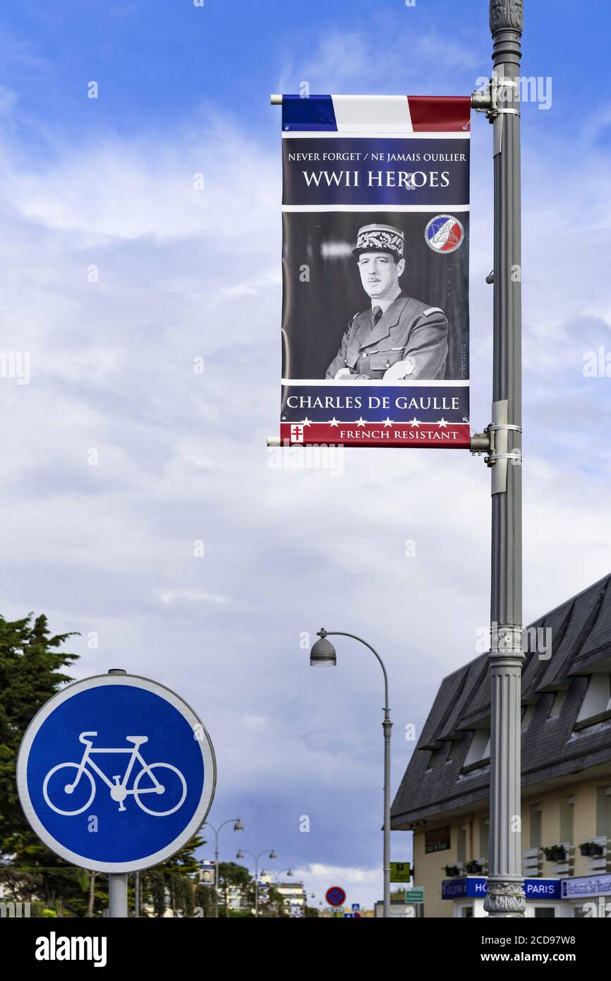 France, Calvados, Courseulles sur Mer, displays for the celebrations of the 75th anniversary of the D Day Stock Photo
