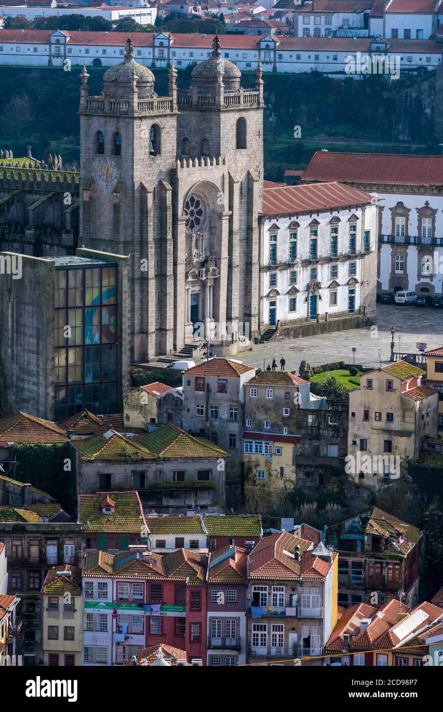 Portugal, Douro, Porto, aerial view from Clerigos Tower, cathedral and episcopal palace Stock Photo