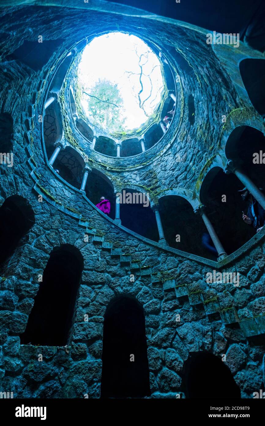Portugal, Sintra, Quinta da Regaleira, reversed tower, once used as initiatic well Stock Photo
