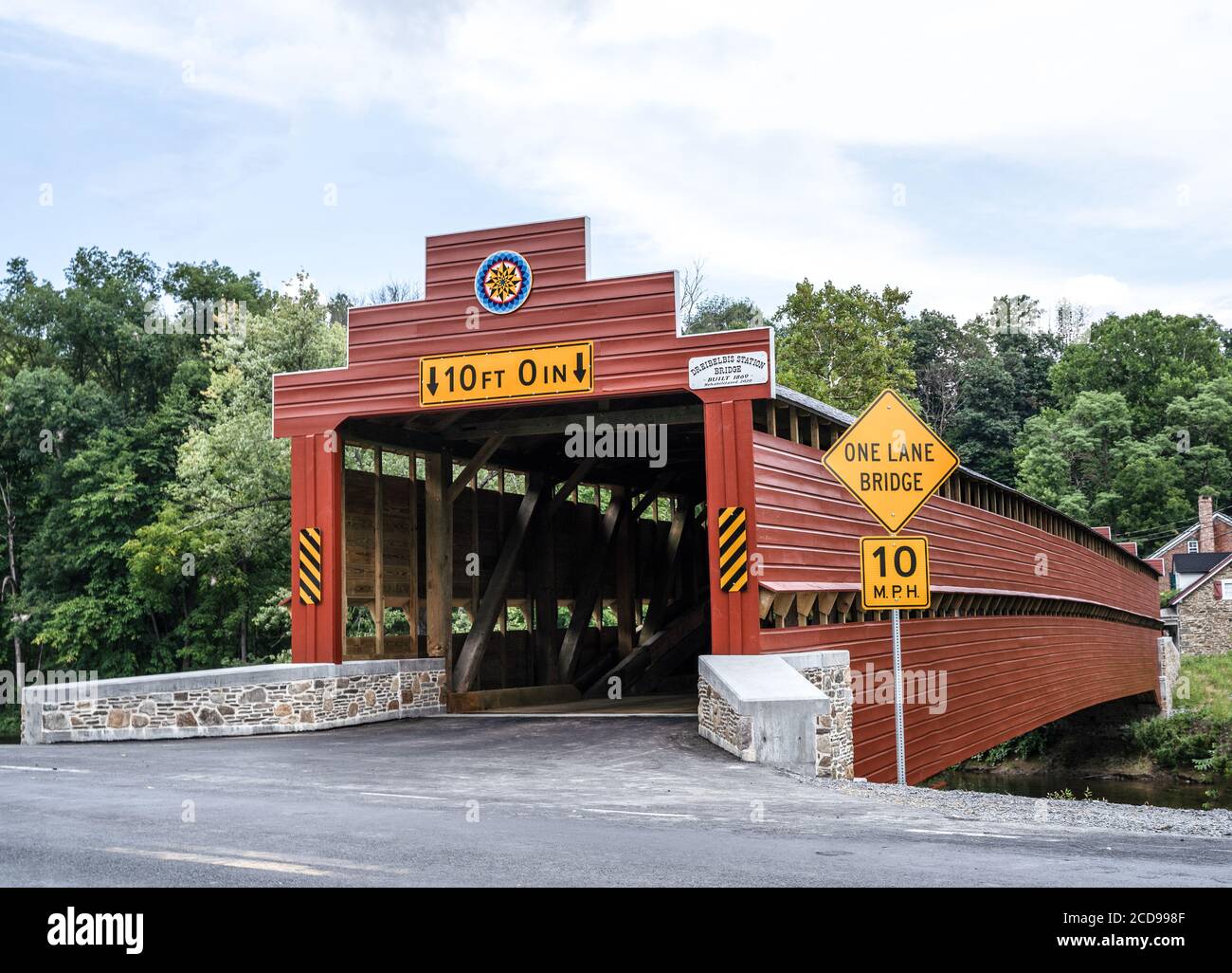 Dreibelbis Station Covered Bridge, wooden covered bridge over Maiden Creek in Berks County, Pennsylvania. Stock Photo