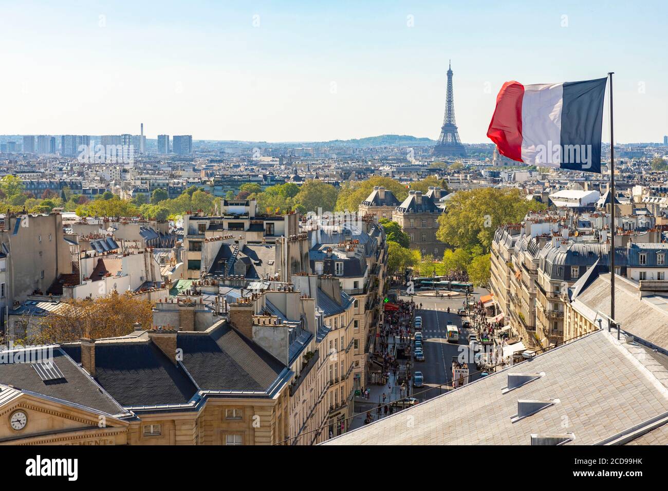 France, Paris, Latin Quarter, Pantheon (1790) neoclassical style, rooftops and Eiffel Tower Stock Photo