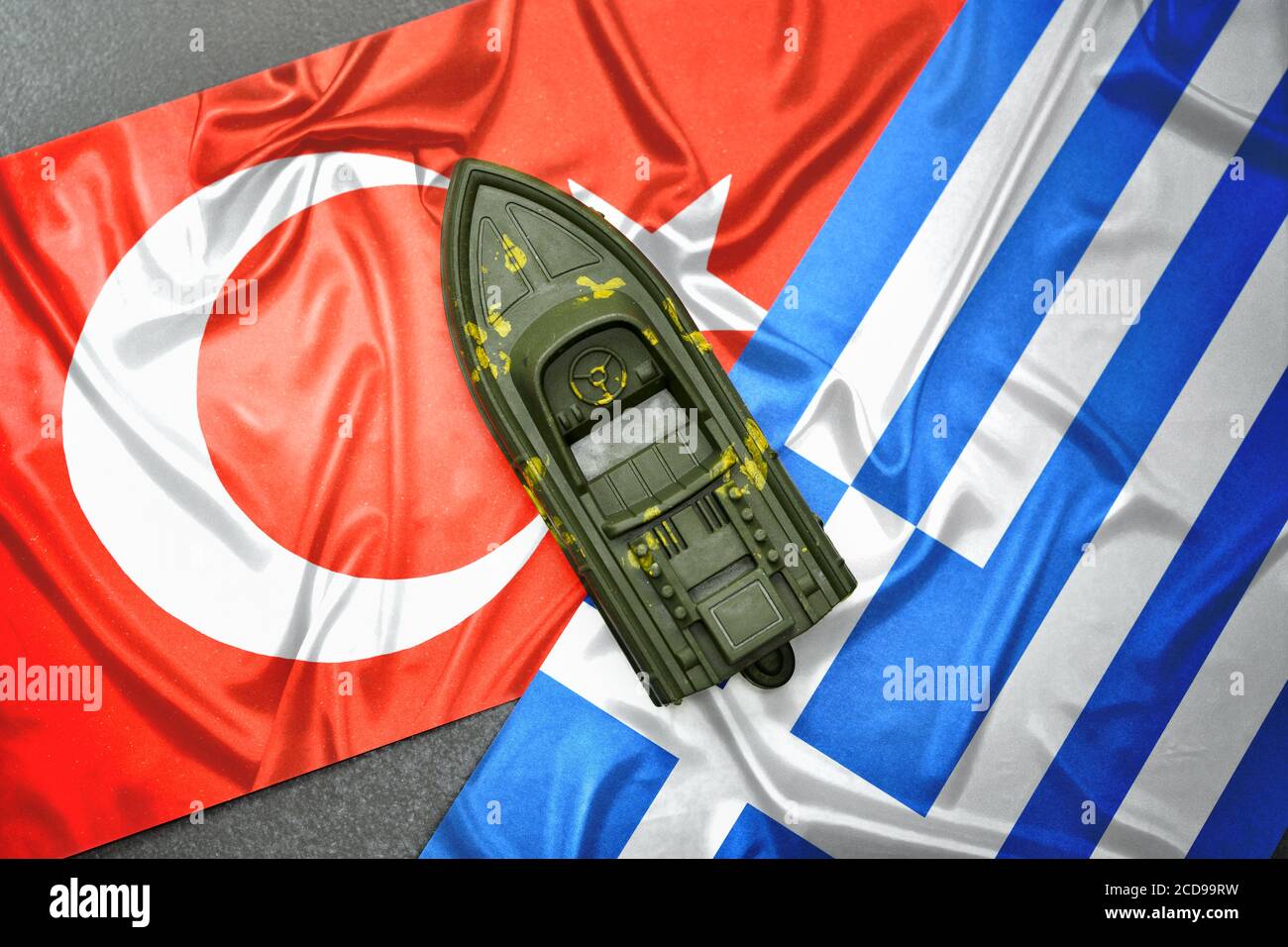 The flags of Turkey and Greece and military vessel, Aegean dispute