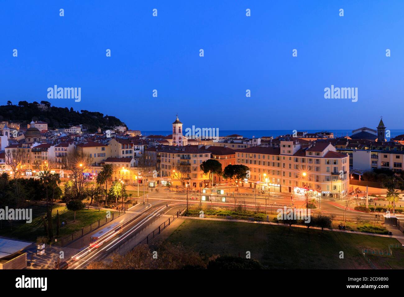 France, Alpes Maritimes, Nice, Promenade du Paillon, Avenue Felix Faure, Clock Tower and the Mediterranean Sea in the background Stock Photo