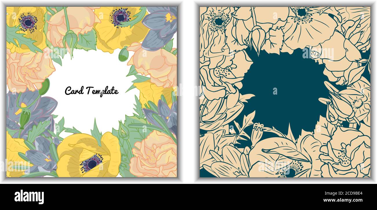 Square card template with hand drawn colorful crocus flowers frame. Vector Stock Vector
