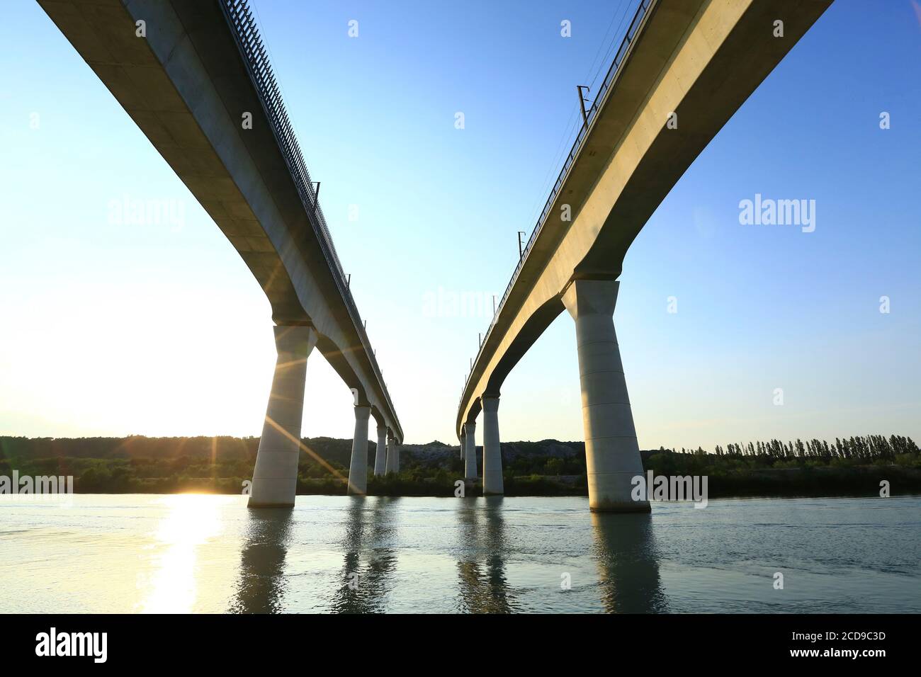 France, Vaucluse, Avignon, double Viaduct of the TGV on the Rhone Stock Photo