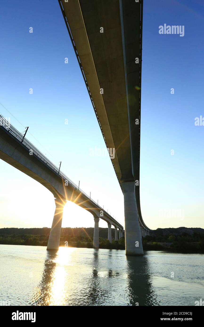 France, Vaucluse, Avignon, double Viaduct of the TGV on the Rhone Stock Photo