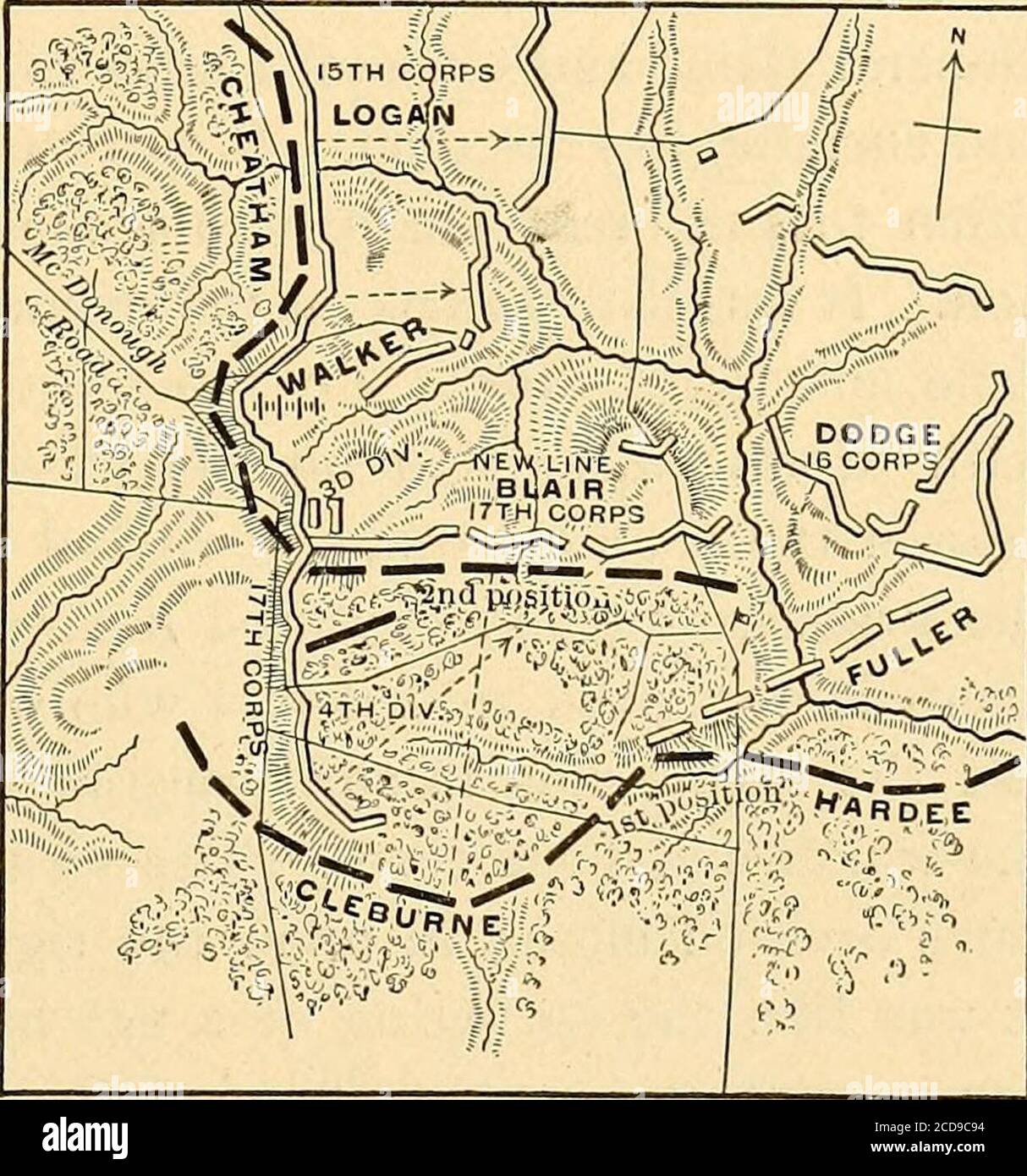 . Redeeming the republic : the third period of the war of the rebellion, in the year 1864 . esborough to strike Har-dees right flank. The Confed-erates had thrown up a long lineof intrenchments, beginning eastof the railroad, running west,crossing k, then turning southon the west side of the village,and again crossing the railroadbelow the Baptist church, thusenclosing three sides of a quad-rangle. General Logan was westof the village, General Ransom south-west, while General Davis, with the Fourteenth Corps, was north-west, and General Stanley, with the Fourth Corps, was on his way downthe ra Stock Photo
