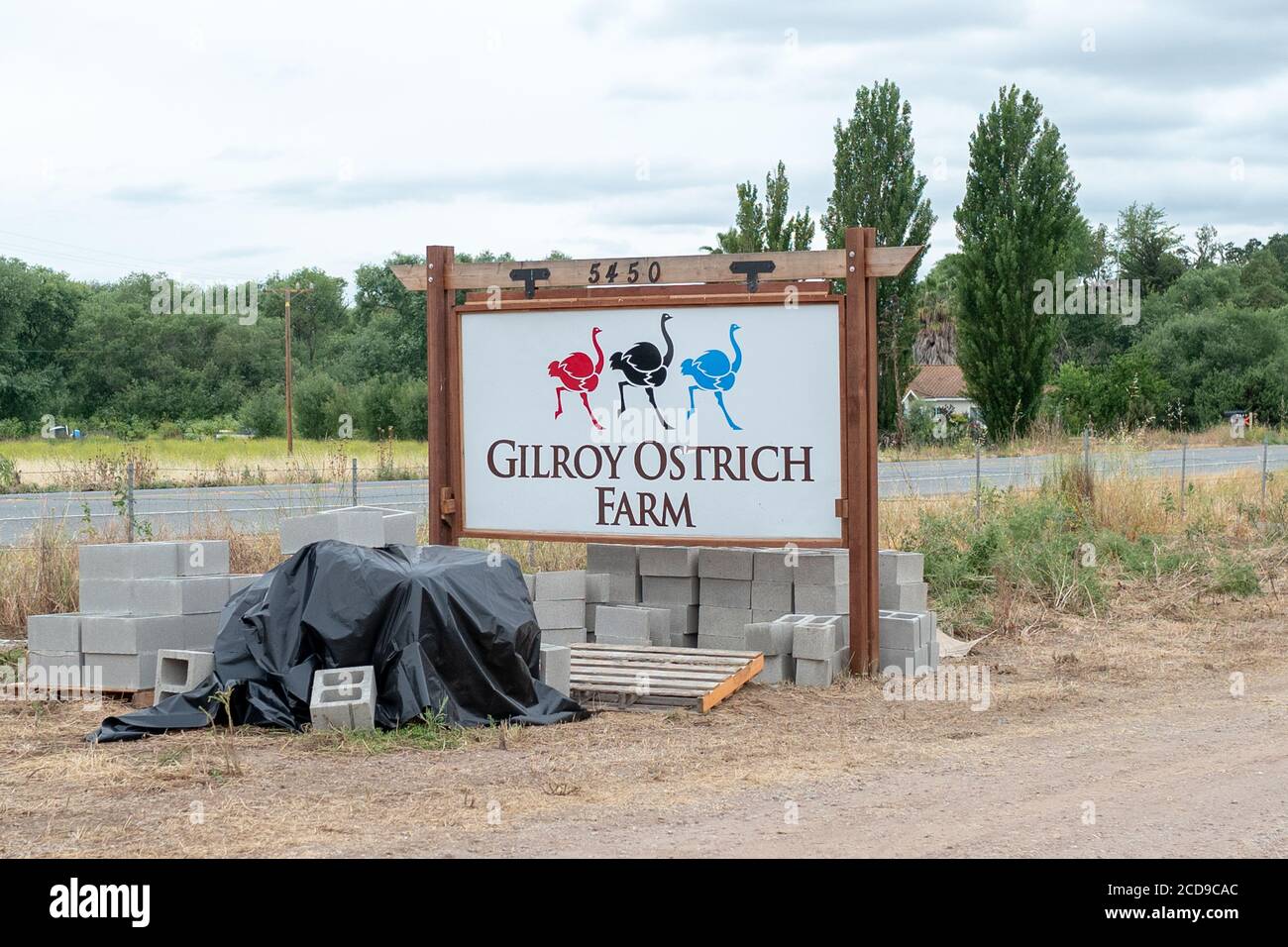 Sign for Gilroy Ostrich Farm in Gilroy, California, May 31, 2020 Stock
