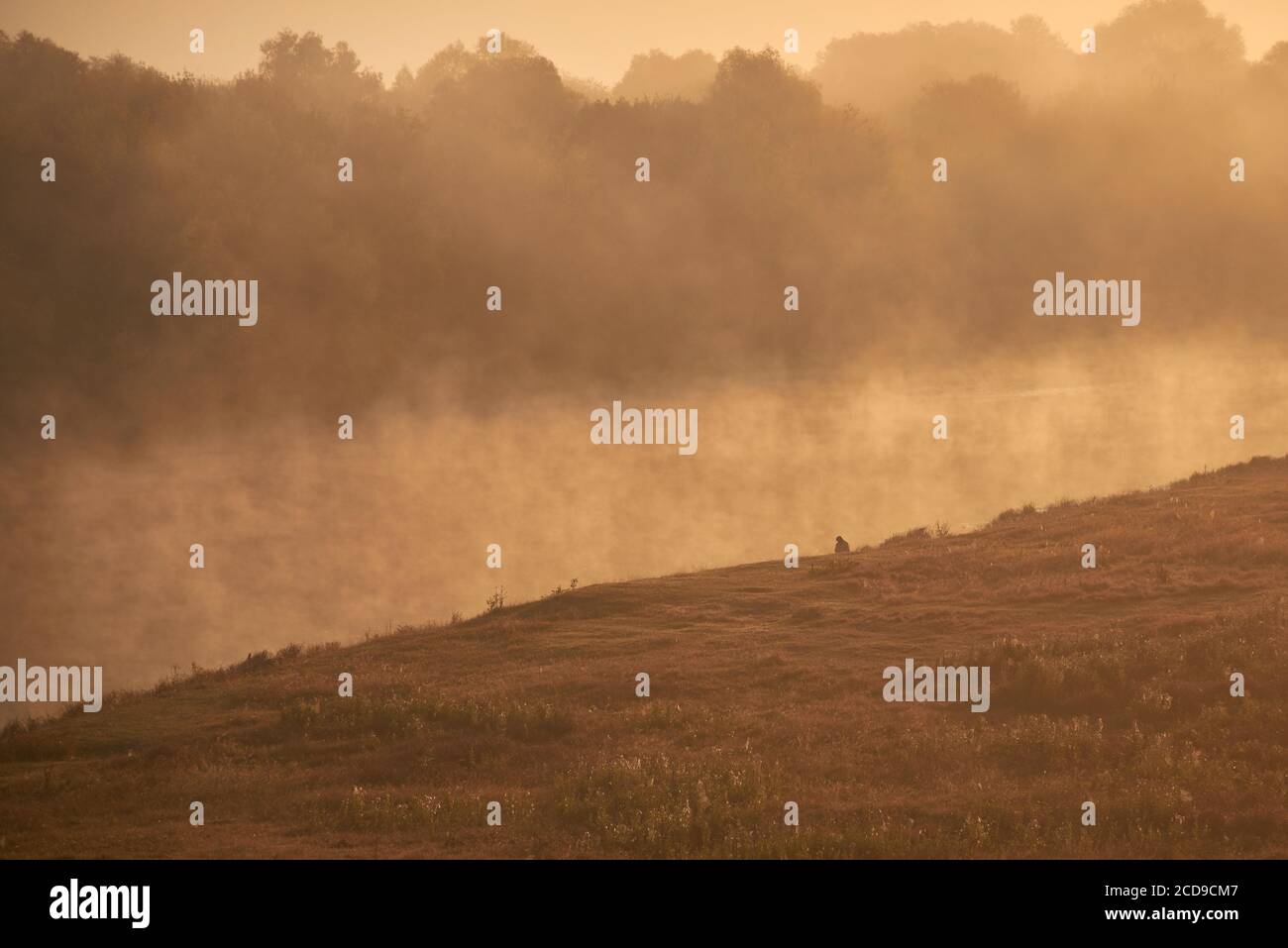 The dense fog over the river at orange dawn and the small silhouette of a person near the shore. Stock Photo