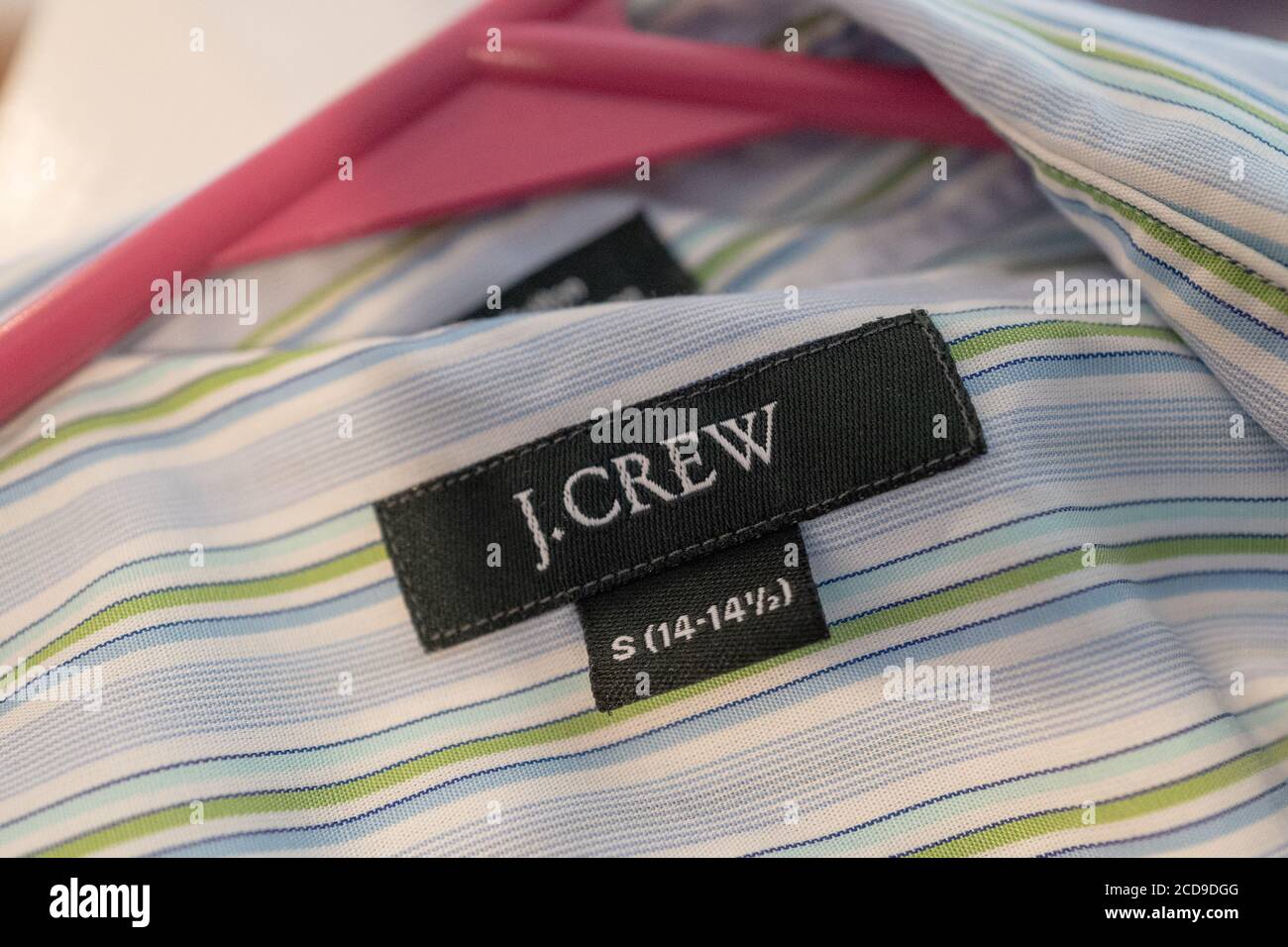 Close-up of logo for clothing retailer J Crew on men's clothing item, San Ramon, California, June 5, 2020. () Stock Photo