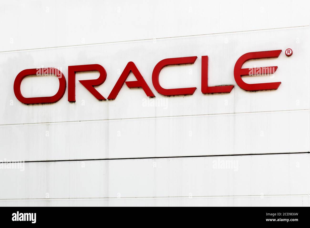 Ballerup, Denmark - September 10, 2017: Oracle logo on a wall. Oracle Corporation is an American multinational computer technology corporation Stock Photo